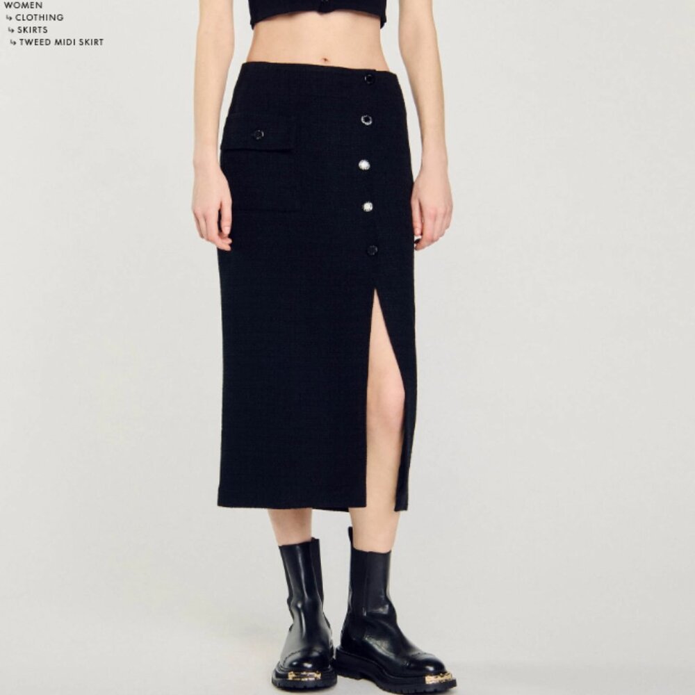 BRAND NEW WITH TAGS: Sandro Paris Tweed Midi Skirt Black (Size FR 34 / US 2)